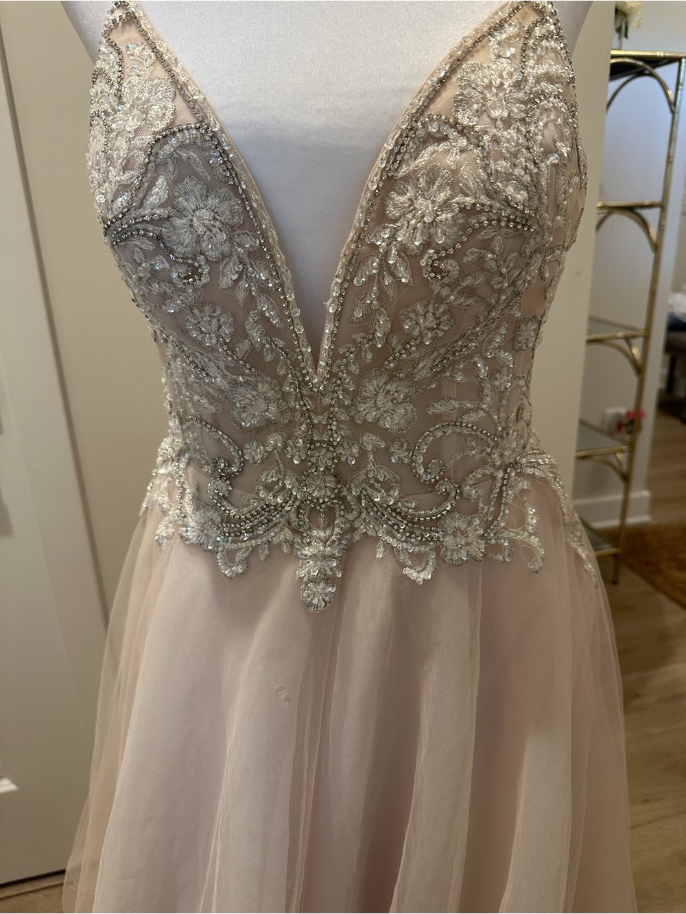 Lina Blush Beaded Plunge Wedding Dress